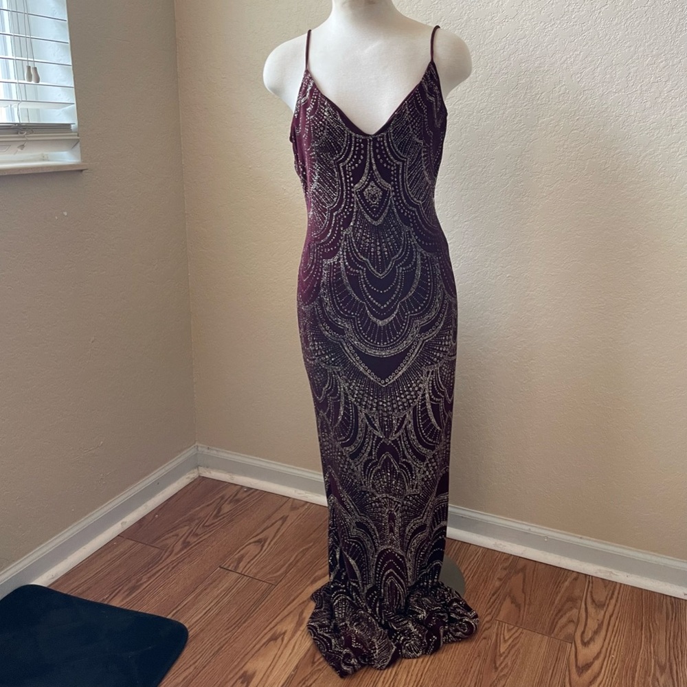 Red Burgundy and Gold Glitter Mermaid Dress Open Back